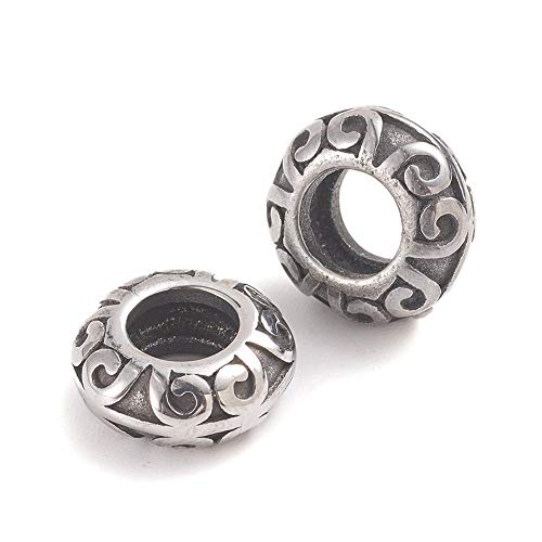 Cheriswelry 10pcs Rondelle 316 Stainless Steel Spacer Beads Antique Silver European Large Hole Beads Charms Mini Loose Crafting Beads 11.2x4.8mm for DIY Earring Bracelet Necklace Jewlery Making - color: Rondelle-316 Stainless Steel