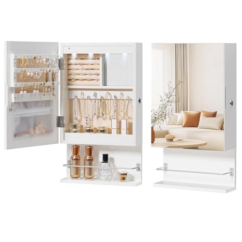 HOOBRO Wall Mounted Jewelry Cabinet, LED Jewelry Armoire with Interior Mirror, Hanging Jewelry Organizer for Wall, Lockable Jewelry Storage Cabinet, 3.9 x 11.8 x 20.9 Inches, White - color: White