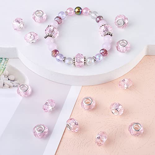 100pcs 14mm Large Hole Faceted Glass Crystal Pink European Crystal Spacer Beads for Valentine's Day Jewelry Making - color: Pink