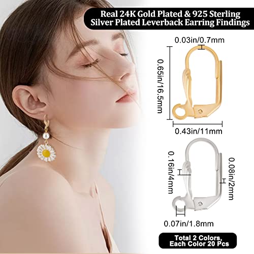 Beebeecraft 1 Box 40Pcs Leverback Earring Findings 24K Gold Plated Brass French Earring Hooks with Open Loops Silver and Gold 16.5x11mm Interchangeable Dangle Ear Wire Findings for Jewelry Making - color: Leaf Leverback Earring