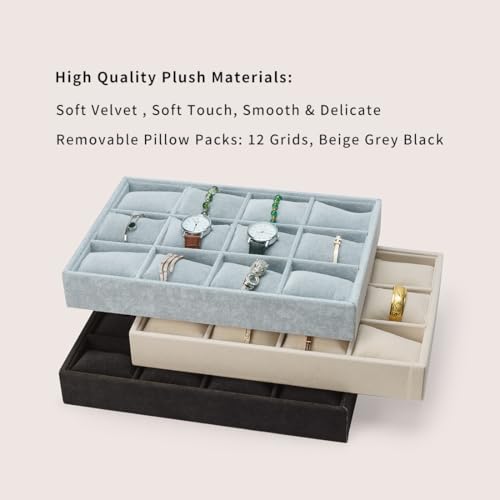 Jewelry Watch Tray, Beige Velvet Watch Jewelry Organizer 12 Grid, Stackable Watch Bracelet Bangle Display Holder, Adjustable Pillows, for Man Woman Show Birthday - color: Beige