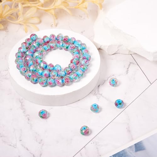Elecrelive 60Pcs Gold Sand Lampwork Beads Rondelle Flower Glass Beads 10mm Sky Blue Floral Crystals for DIY Bracelet Necklace Earring Jewelry Making - color: Deep Sky Blue