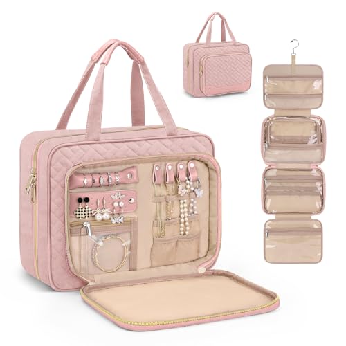 Wedama Toiletry Bag for Women, Hanging Travel Toiletry Bag with Jewelry Organizer Compartment Large Makeup Bag, PVC Waterproof Cosmetic Travel Bag for Travel Business Trips Camping Bathroom, Pink - color: Pink, size: Large, style: With Jewelry Organizer C