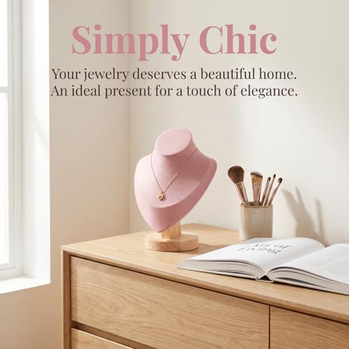 Pink Mannequin Bust Jewelry Organizer - Necklace Holder Stand with Wood Base for Home and Shop Display, 7.67 X 5.90 X 3.54 Inches