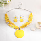 Layered Beads Statement Fashion Necklace Chunky Jewelry Set Big Colorful Glass Stone Circle Shell Pendant Choker Necklace and Earring Set for Women - color: Yellow