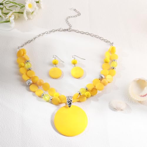 Layered Beads Statement Fashion Necklace Chunky Jewelry Set Big Colorful Glass Stone Circle Shell Pendant Choker Necklace and Earring Set for Women - color: Yellow