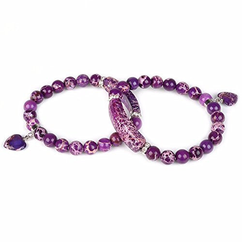 Justinstones Gem Semi Precious Gemstone Love Heart Charm Stretch Beaded Bracelet Unisex - color: Dyed Purple Sea Sediment Jasper