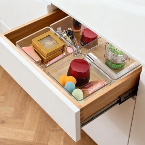 6 Pcs Large Clear Plastic Drawer Organizers Tray 6" x 6" Storage Bins with 25 Pcs Non-Slip Pads for Makeup, Jewelries, Kitchen Utensils, Bathroom and Office - size: 6"x6"