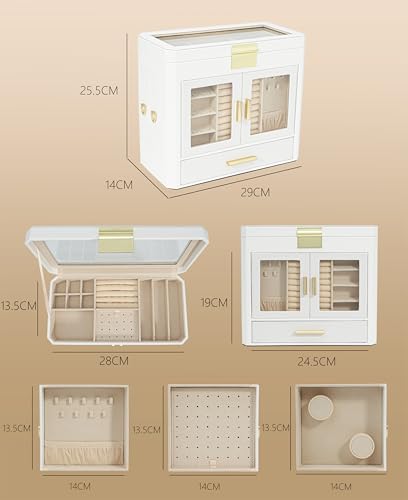 11" Large Jewelry Box White Woven PU Leather Storage Case Holds 100+ Pieces, Jewelry Case with Metal Handles for Necklaces, Rings, Earrings – Elegant Gift for Women - color: Beige-Large