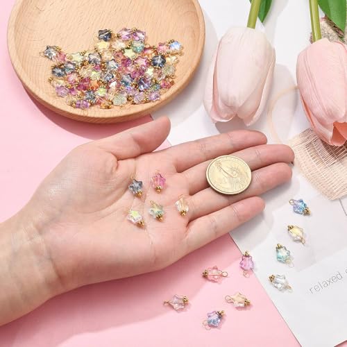 Ipotkitt 100 Pcs Electroplate Glass Star Charms with Glitter Powder Celestial Jewelry Findings Crystal Star Shaped Beads Charms for DIY Jewelry Making - color: 100pcs-Glass Star Charms-14x8x4mm