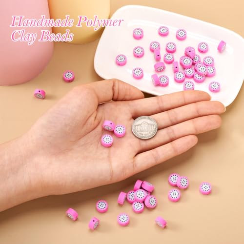 50PCS Handmade Polymer Clay Round Beads Pitaya Slice Dragon Fruit Loose Beads Fruit Theme Spacer Beads for DIY Bracelet Necklace Earring Charm Jewelry Making Hole 1.8mm - color: Pitaya Slice