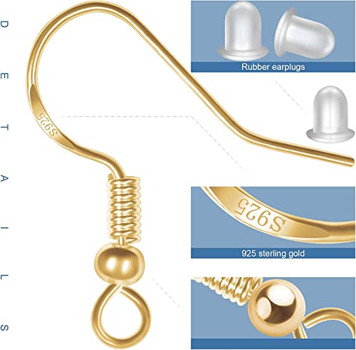 925 Sterling Gold Earring Hooks 120 PCS/60 Pairs, Ear Wires Fish Hooks, Hypo-allergenic Jewelry Findings Parts with 120 PCS Clear Silicone Earring Backs Stoppers - size: 120pcs-Gold