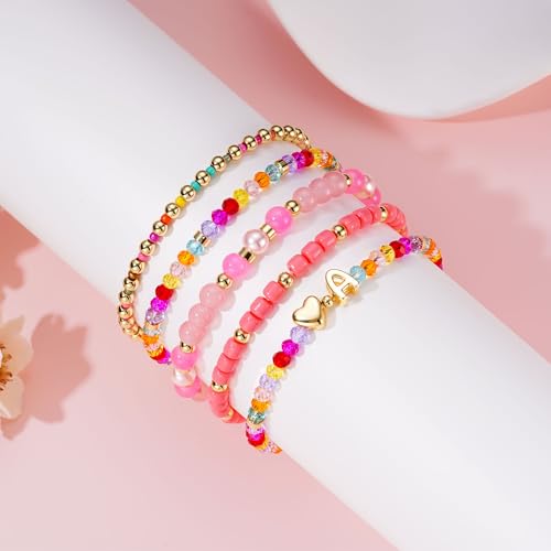 Turandoss Mothers Day Gifts for Daughter Teen Girls Kids - 5PCS 14K Gold Plated Dainty Beaded Bracelet Set Stack, Colorful Letter Charm Stretch Bracelets Beads Ball for Teen Daughter Jewelry Gifts - color: G