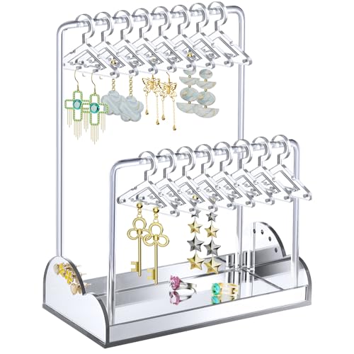 NiHome Acrylic Earring Holder with Unique Double-Tiered Design, Cute Miniature Clothing Hangers with Spacious Storage for 48 Pairs, Display for Home Vanity & Retail Showrooms (Silver, With Tray) - color: Silver, size: With Tray