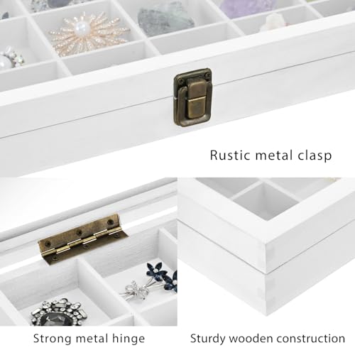 MOOCA Wooden Display Storage Case with Tempered Glass Lid for Jewelry and Beads with 18 Compartments Tray, 15 W x 8 3/8 L x 2 1/8 H in, Wash White Color - color: Wash White