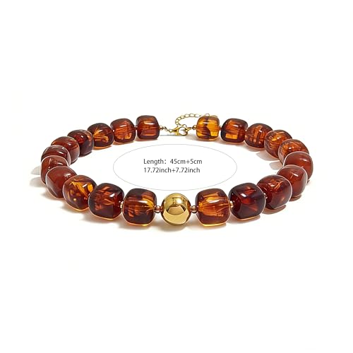 Colorful Beaded Choker Necklace for Women Boho Large Square Acrylic Beaded Necklace Adjustable Surfer Beach Strand Necklces Summer Jewelry Accessories - color: Brown