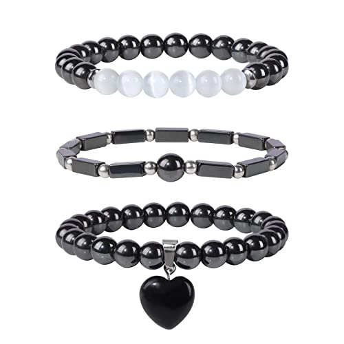 Vinswet Healing Crystal Beaded Bracelets for Women,Natural Amethyst Gemstones Bracelet,Anxiety Stress Relief Heart Charm Bracelet Handmade purple Jewelry Gifts for Women - color: Hematite&Moonstone
