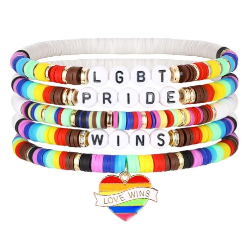 Emibele Colorful Stretch Bracelet Stack Boho Beaded Bracelet Set Heishi Surfer Bracelet Stackable Y2K Trendy Jewelry Friendship Multiple Set Women Fans - style: Rainbow
