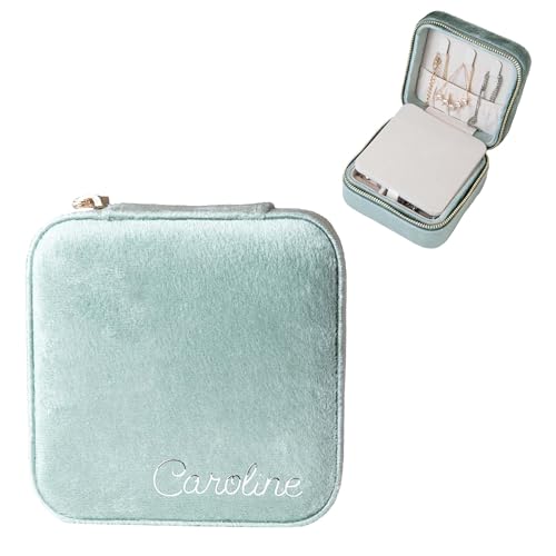 Customizable Compact Velvet Jewelry Box with Mirror, Travel Jewelry Case, Travel Jewelry Organizer, Jewelry Box for Women and Girls, Small Jewelry Organizer (Bottom Right Text, Mint Green) - color: Mint Green, size: Bottom Right Text Only