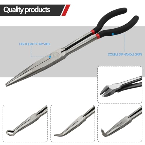 5-Piece 11" Extra Long Needle Nose Pliers Set with Insulated Comfort Grip, Straight Long Reach Plier, 45/90°Bent Nose Pliers,O-shaped nose plier,Diagonal Plier for Bending Shaping Trimming - size: 5Pcs-Straight/45/90