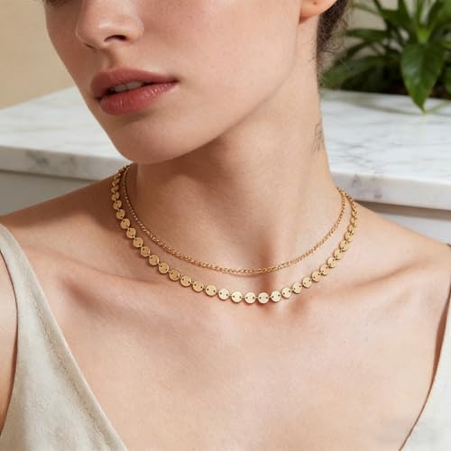 Dremmy Studios Dainty Gold Choker Necklace for Women 14K Gold Plated Coin Disc Figaro Layered Beaded Flat Mariner Sideways Cross Wishbone Link Clavicle Necklaces - style: Coin