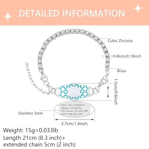 Women's Medical ID Bracelet with White Zircon Tennis Chain, Interchangeable Engraved Plate, Adjustable Lobster Clasp, Lightweight, Hypoallergenic, for Running, Outdoor, Daily Wear - color: Green-MENTAL HEALTH CONDITION