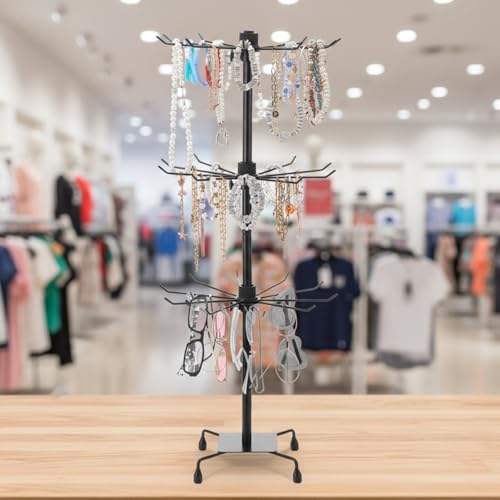 Kifmurase 2PCS Rotating Display Stand Metal Spinner Display Rack with Hooks Adjustable Height Holders for Earrings Necklace Key Rings, 3 Tiers Retail Vendor Jewelry Display Rack(Black)