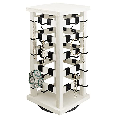 Ikee Design 5 Tiers Easy Assemble Wood Rotating Jewelry Display Tower With 42 Removabl Hooks,Spinning Earring Card Storage Display Stand for Store, Showcase, Tradeshow and Home, Wash White Color - color: 4 side, Wash White, 42 hooks
