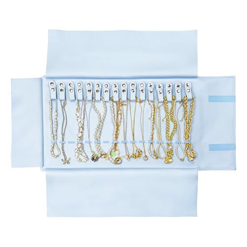 UnionPlus Travel Jewelry Roll, Faux Leather Necklaces Organizer Bag, Elastic Band and Anti-winding, Air Blue - color: Leather Air Blue, size: Medium