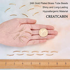CREATCABIN 1 Box 40Pcs Gold Curved Tube Beads 24K Real Gold Plated Brass Sleek Noodle Fish Scales Bead Long Large Hole Spacer Connectors for DIY Jewelry Making Bracelets Earrings Crafts Findings - color: Gold