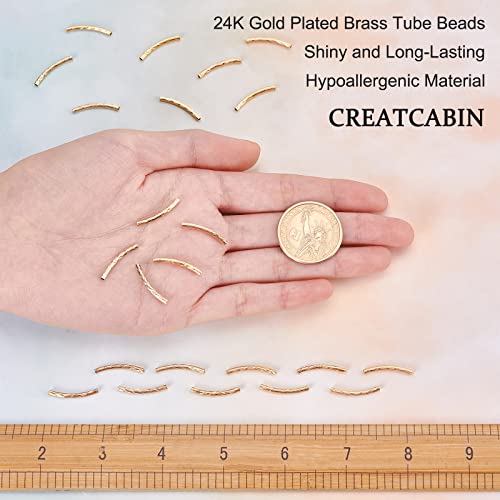 CREATCABIN 1 Box 40Pcs Gold Curved Tube Beads 24K Real Gold Plated Brass Sleek Noodle Fish Scales Bead Long Large Hole Spacer Connectors for DIY Jewelry Making Bracelets Earrings Crafts Findings - color: Gold