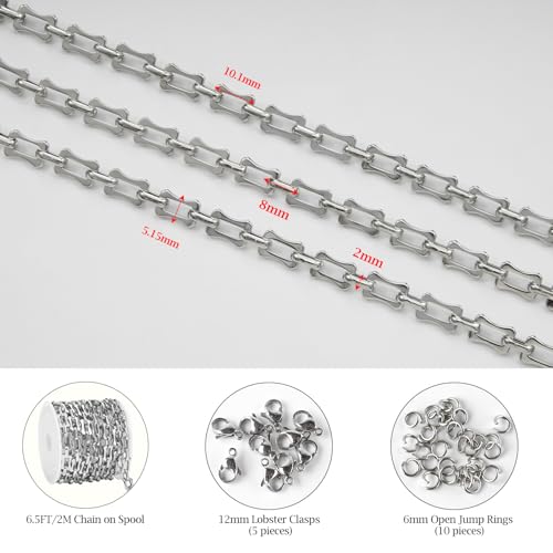 KYUNHOO 6.5FT/2M Stainless Steel Chunky Chains for Jewelry Making 10MM Long Bone Link Chain on Roll Silver Craft Jewelry with Clasps for Men Women DIY Necklace Bracelet - color: Bone Steel