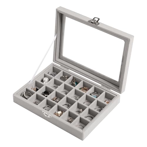 Frebeauty 24 Grid Jewelry Tray,Velvet Stud Earring Organizer,Small Jewelry Organizer with Clear Lid,Lockable Earring Holder Organizer Jewelry Boxes & Organizer Ring Holder for Women & Girls(Grey) - color: Grey