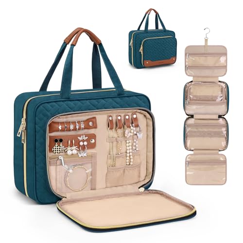 Wedama Toiletry Bag for Women, Hanging Travel Toiletry Bag with Jewelry Organizer Compartment Large Makeup Bag, PVC Waterproof Cosmetic Travel Bag for Travel Business Trips Camping Bathroom, Blue - color: Blue, size: Large, style: With Jewelry Organizer C
