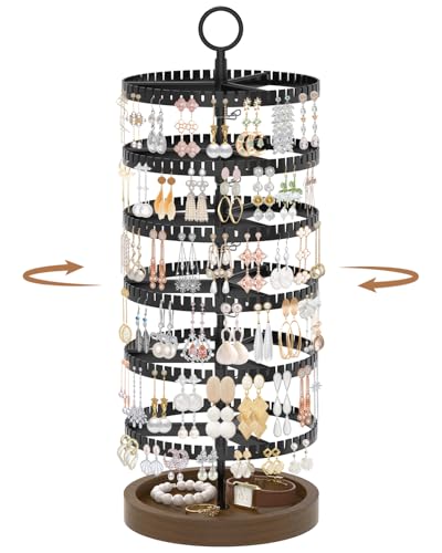 iDavosic.ly 6 Tier Rotating Earring Holder Organizer with Wooden Tray, Large Dangle Display Stands Tree with 342 Plastic Grooves, Adjustable Hoop Storage Rack, Space Saving Tower, Black & Brown - color: Black and Brown, size: 6 Tiers