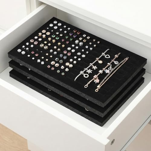 Garneck 5Pcs Jewelry Box Insert Foam Tray Set: 100 Slot Black Velvet Ring Earring Organizer Stackable Display Holder for Drawer Dresser Store Boutique Gift for Women Men