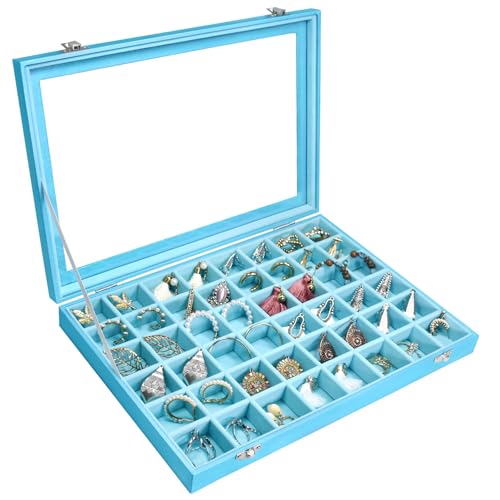 Siveit Jewelry Tray Organizer Box 48 Grid Jewelry Display Organizer Box with Transparent Lid Rings Earrings Necklaces Pendants Display Box Suitable for Women and Girls (48 Grid, Sky Blue) - color: Sky Blue
