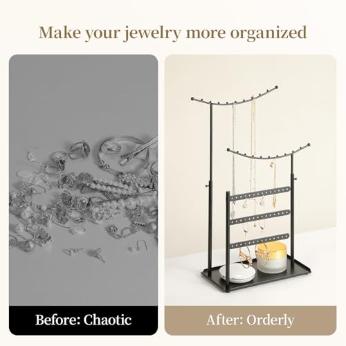 LAMU Jewelry Organizer, 5 Tier Jewelry Stand Display with Anti Entanglement Necklace Holder Tree, Height Adjustable Stroage for Earrings Rings Studs Bracelet, Valentines Day Gifts for Women, Black - color: Black