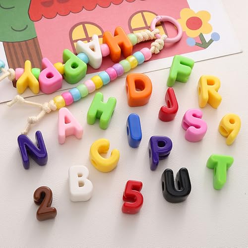 Mixed Color Big Hole Acrylic Number Letter Beads for Keychain Making Kit, 3D Letter Key Chain Making Kit with A~Z Alphabet Letters / 0~9 Numders/Round Beads/Wrist Straps/Carabiners/Cotton Rope