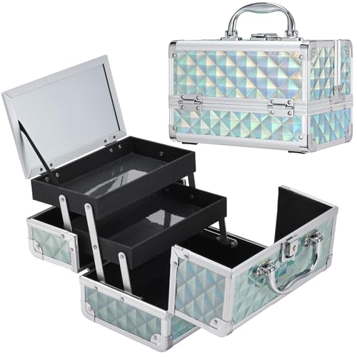 FRENESSA Makeup Case Portable Makeup Box Organizer Travel Cosmetic Case Storage with Mirror Locking Make Up Cases Organizers and Storage for Girls Nail Supplies Cosmetology Case Vanity Case Blue - color: Shiny Blue