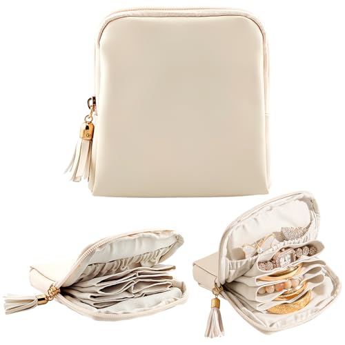 shunmei Mini Travel Jewelry Bag, Small Travel Jewelry Case with Zipper, Portable Velvet Jewelry Pouches for Necklaces, Earrings, Rings, Bracelets,Travel Essentials Gifts for Women Girls(Ivory) - color: Ivory