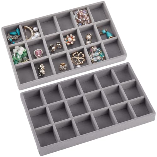 2Pcs 5 x 8.3 Inch 18 Grid Jewelry Tray Drawer Insert Velvet Earring Organizer Display Case Storage with Removable Divider Container Box for Rings Watch Necklace Trinket Holder Showcase Gray - style: Gray 18 Grids