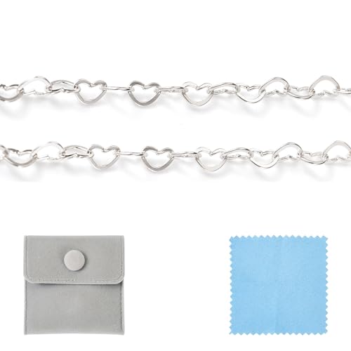 Elecrelive 925 Sterling Silver Heart Chains 3.28 Feet Heart Link Chain Necklace Roll Permanent Jewelry for Women Necklace Bracelet Making - color: Sterling Silver, Heart