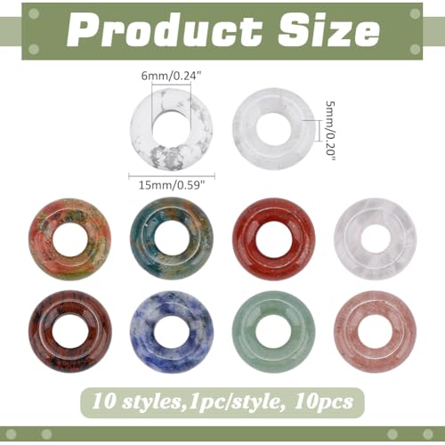 10Pcs 10 Style Natural Donut Charm 15mm Mixed Gemstone Hollow Circle Pendants Flat Round Disc Pendants Large Hole Charms Dangle Charm for Jewelry Making Necklace Bracelet Earring Supplies - size: 15x5mm