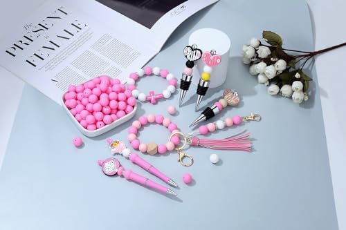 MAIBAOTA 120 Pcs Pink Silicone Beads (15 mm) for Keychain, Pens, Bracelet, Necklace Making - Bulk Pack with Boxed Kits - color: Pink