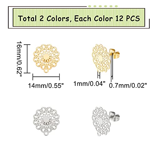 UNICRAFTALE About 24pcs Bohemian Stud Earring with Loop Stainless Steel Filigree Hollow Ear Stud Component with Stoppers Ear Nuts 0.7mm Pin Earring Posts for Jewelry Making - color: 2 Colors/Flower