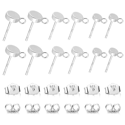 12Pcs Flat Sterling Silver Post with Earring Hook, 3/4/5mm Ear Studs with Loop Hypoallergenic 925 Sterling Silver Earrings Findings Dangle Studs Posts Butterfly Backs Supplies Jewelry Making Set - color: Flat_Silver