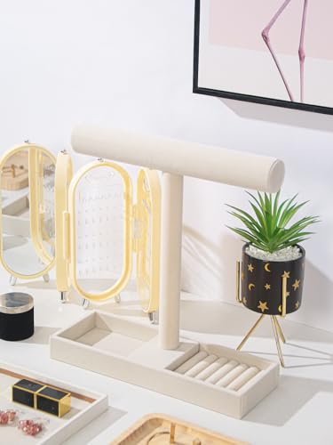 Multi-Use Jewelry Holder Stand, Necklace Bracelet Ring Organizer Stand, Scrunchie Watches Velvet Jewelry Holder Stand With Tray for Women Home Use(Beige Color) - color: Beige