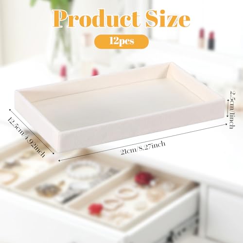 12 Pack Velvet Jewelry Trays, Stackable Drawer Organizer Inserts for Necklace, Earring, Ring, Bracelet Showcase Display and Storage, Beige, 8.27 x 4.92 x 1 Inch