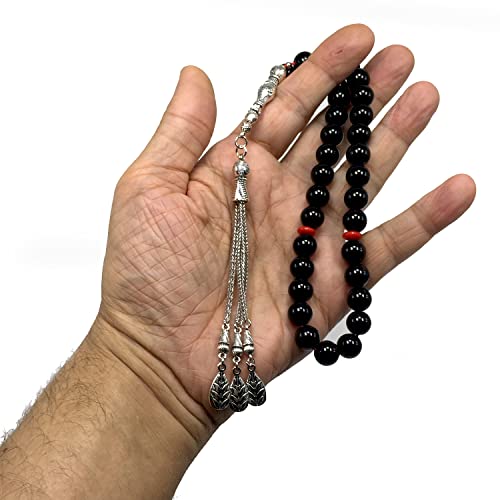 Simple Designed Natural Stone Worry Beads (8mm -33 Beads) - Prayer Beads Tesbih-Tasbih-Tasbeeh-Misbaha-Subha-Sebha-Sibha-Rosary (Black Shiny Glass -10 mm 33- Beads) - color: Black Shiny Glass -10 mm 33- Beads